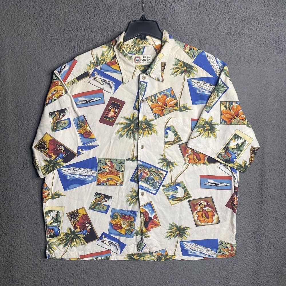 BASIC OPTIONS men's XL button front collared Pocket shirt Short Sleeve AOP 90s